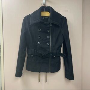 Guess Wool Blend Belted Peacoat Medium Black Double Breasted Military Jacket